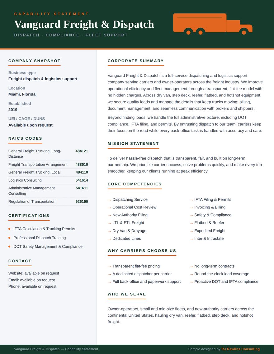 Freight and dispatch capability statement